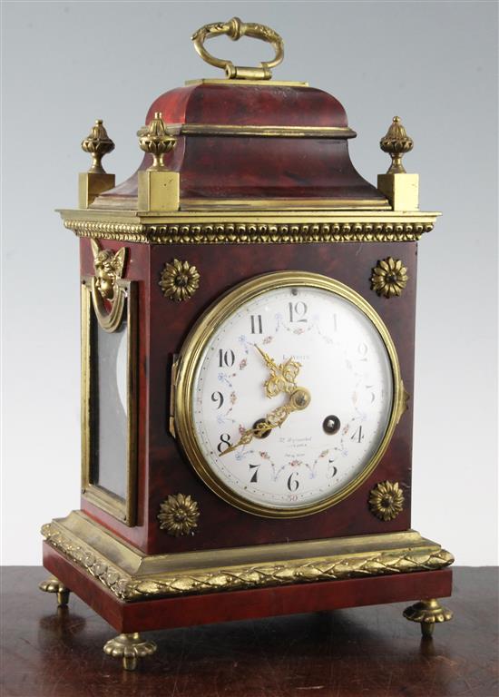 A Victorian ormolu mounted tortoiseshell mantel clock, 11.5in.